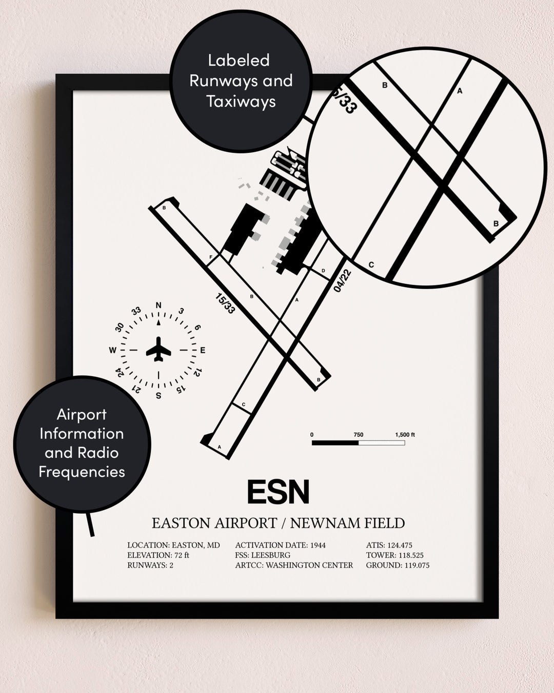 Framed Easton Airport / Newnam Field layout wall art poster