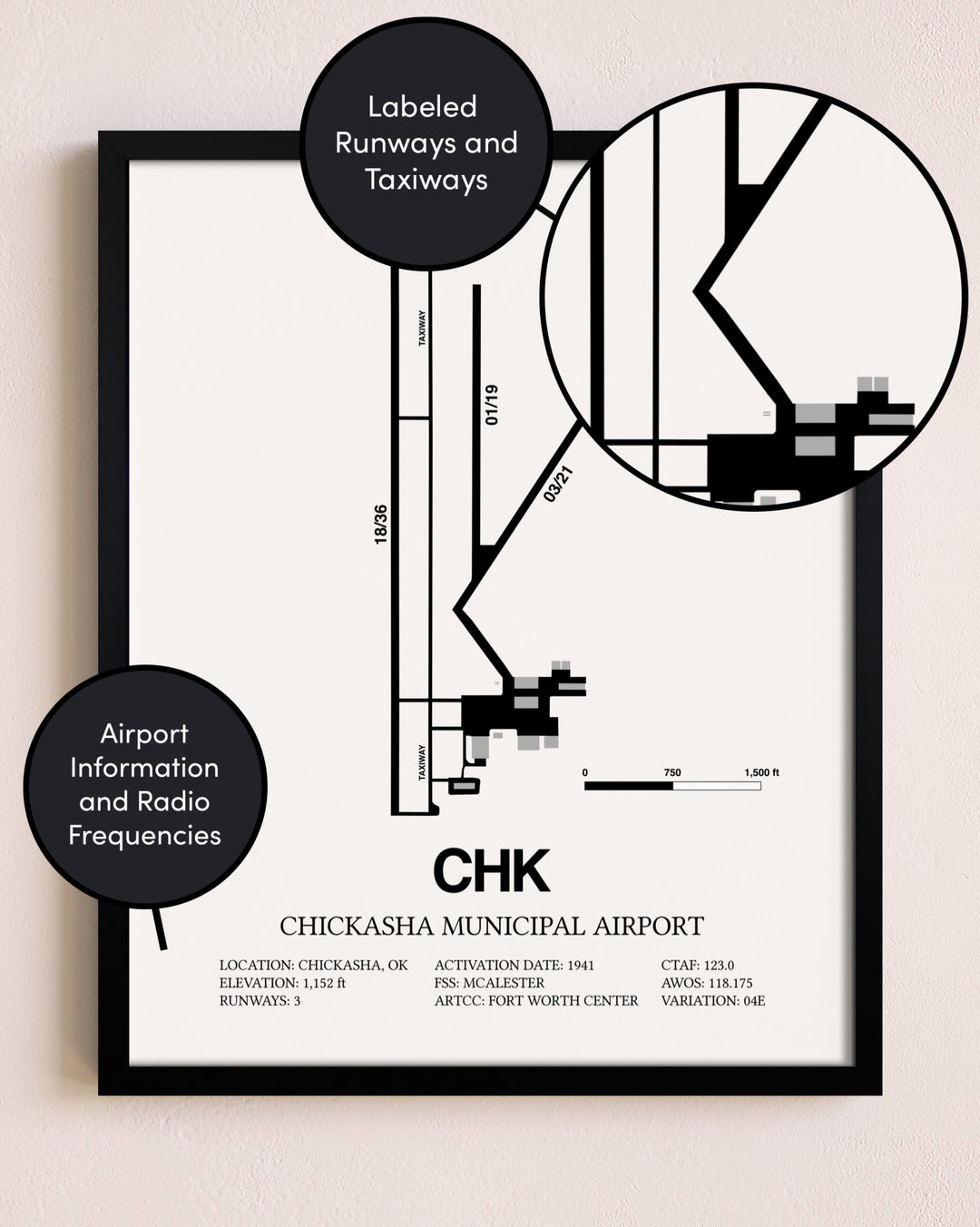 Framed Chickasha Municipal Airport layout wall art poster