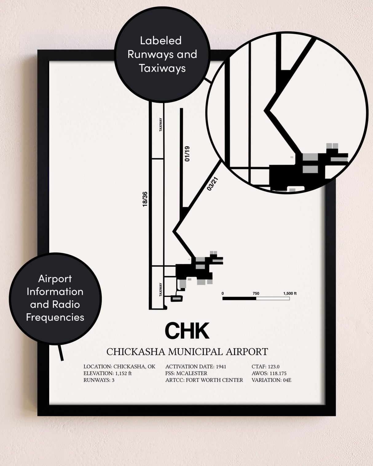 Framed Chickasha Municipal Airport layout wall art poster
