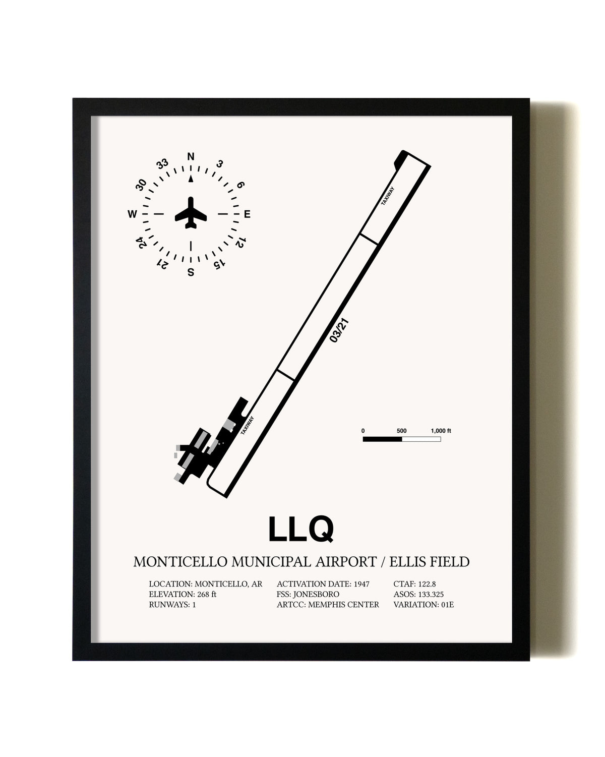 Framed Monticello Municipal Airport / Ellis Field wall art poster in black frame