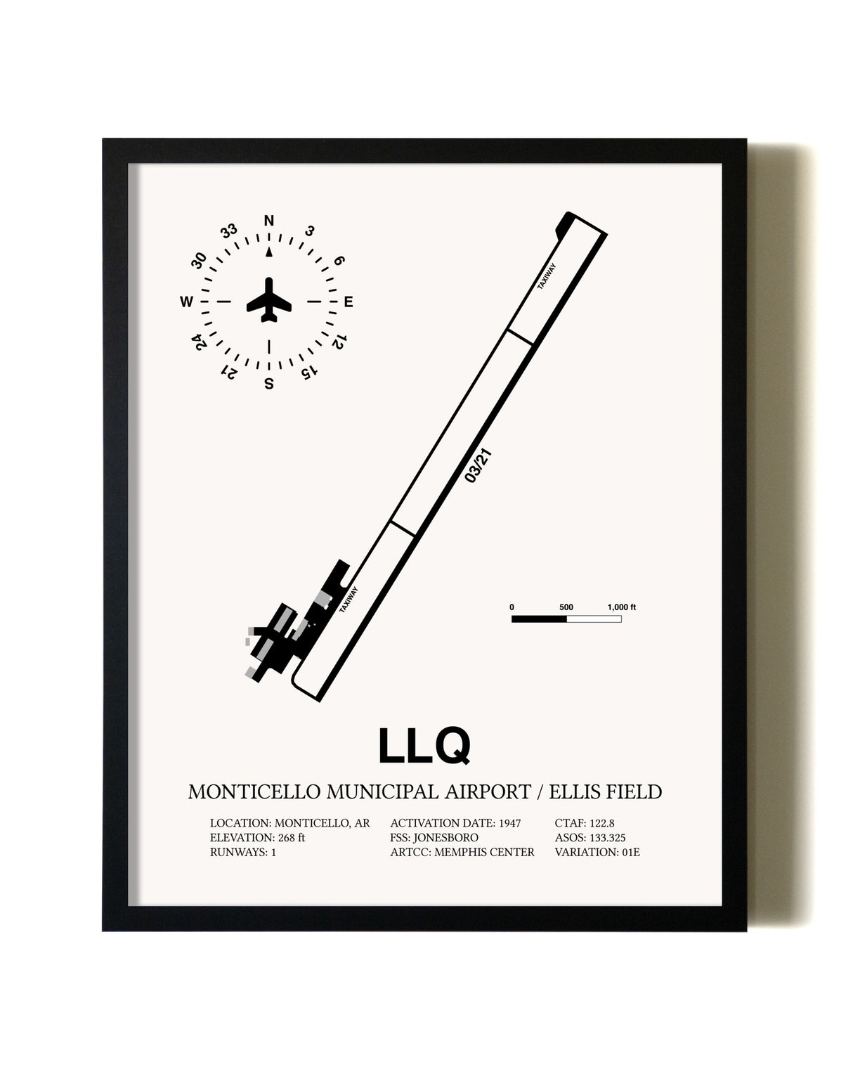 Framed Monticello Municipal Airport / Ellis Field wall art poster in black frame