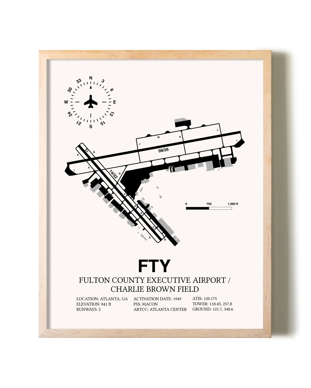 Fulton County Executive Airport / Charlie Brown Field framed wall art in white frame