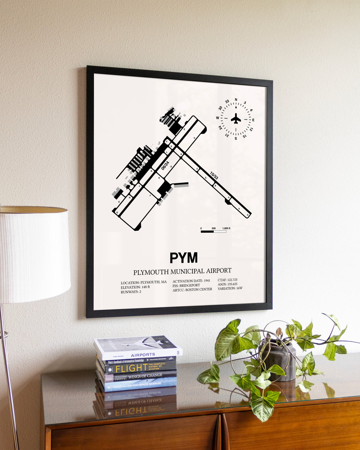 Plymouth Municipal Airport aviation wall décor in black wood frame