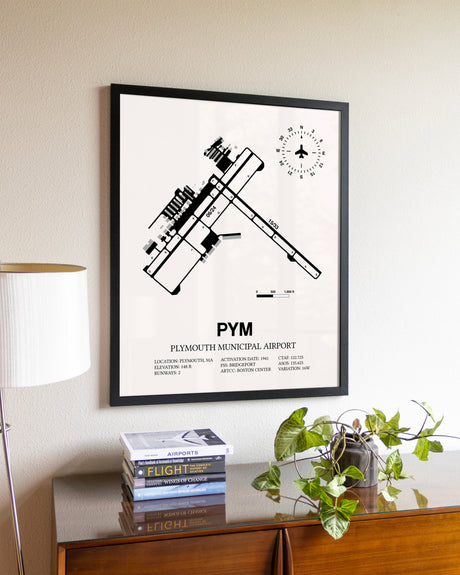 Plymouth Municipal Airport aviation wall décor in black wood frame