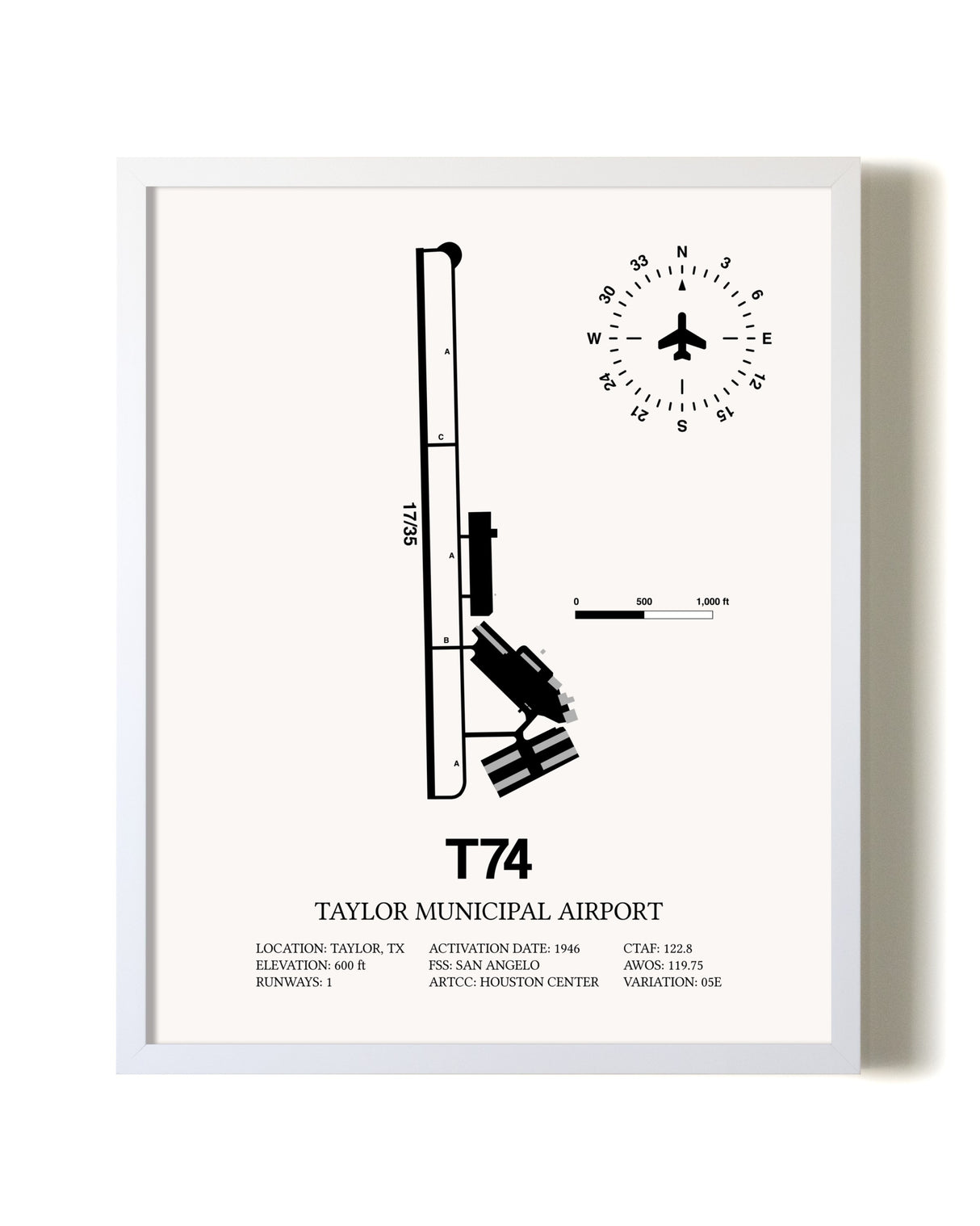 Taylor Municipal Airport airport map poster in oak frame