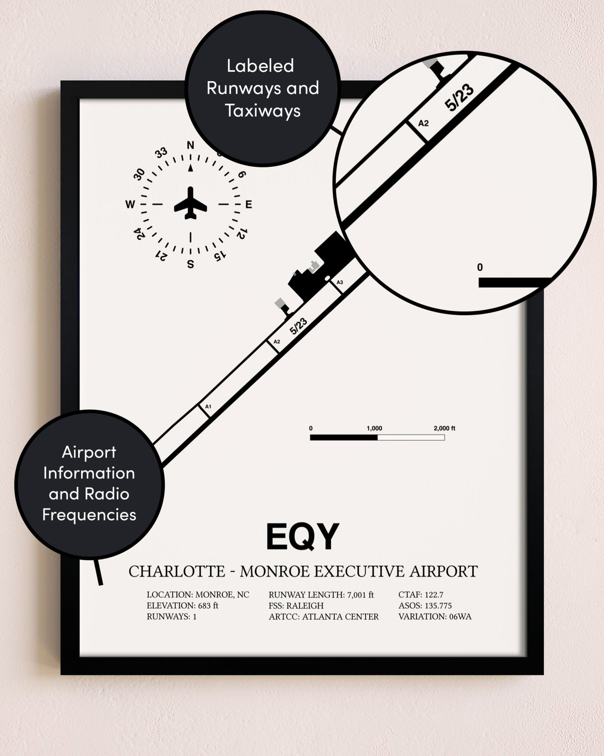 Framed Charlotte-Monroe Executive Airport layout wall art poster