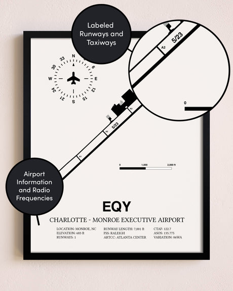 Framed Charlotte-Monroe Executive Airport layout wall art poster