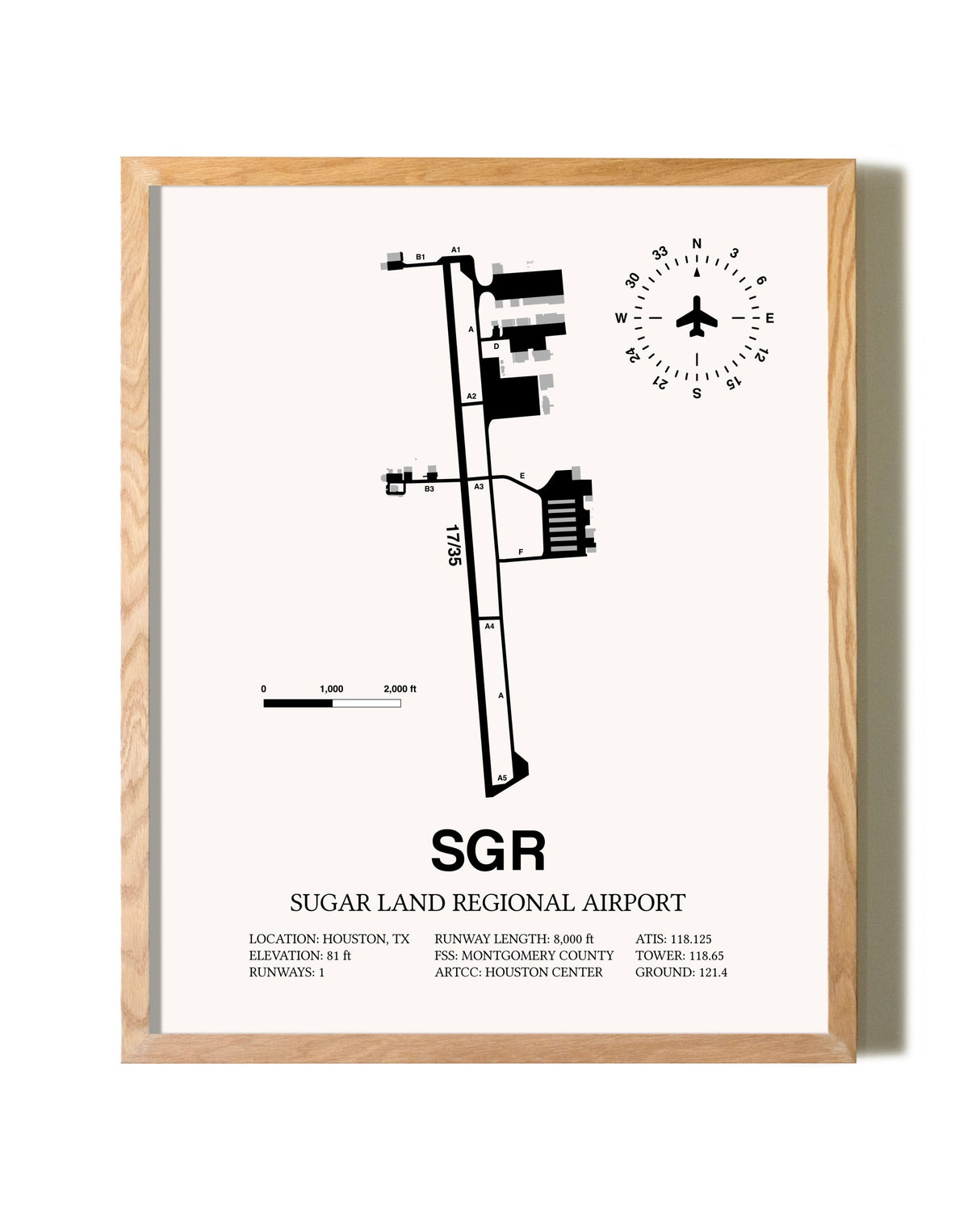 Sugar Land Regional Airport framed print in natural wood frame