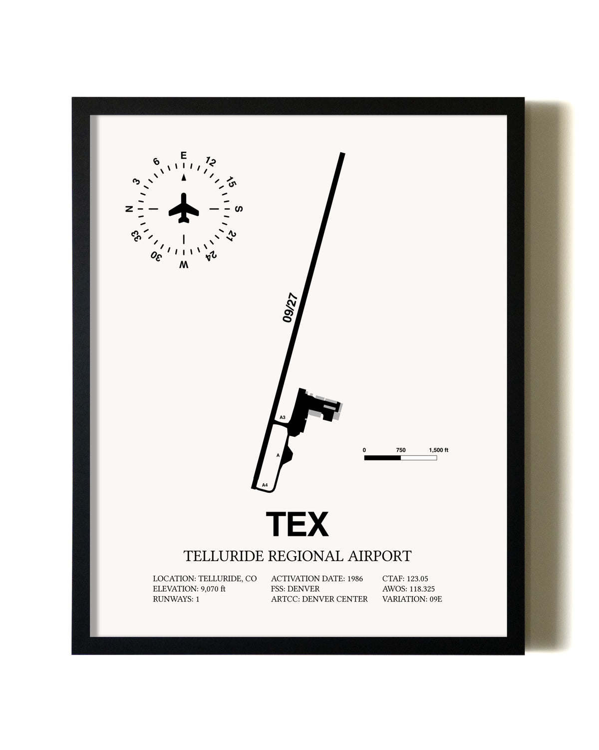 Framed Telluride Regional Airport wall art poster in black frame