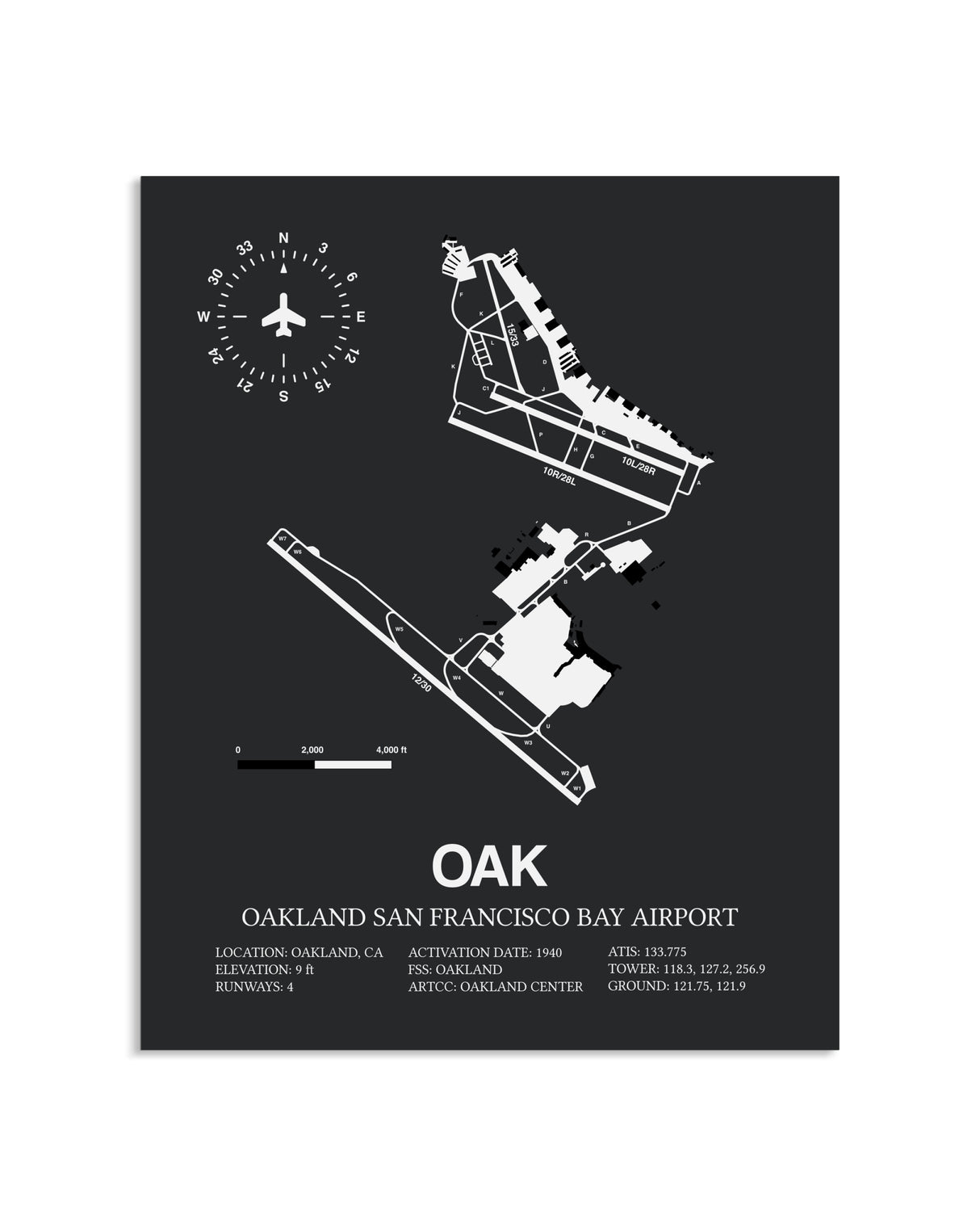 Gray Framed San Francisco Bay Oakland International Airport layout wall art poster