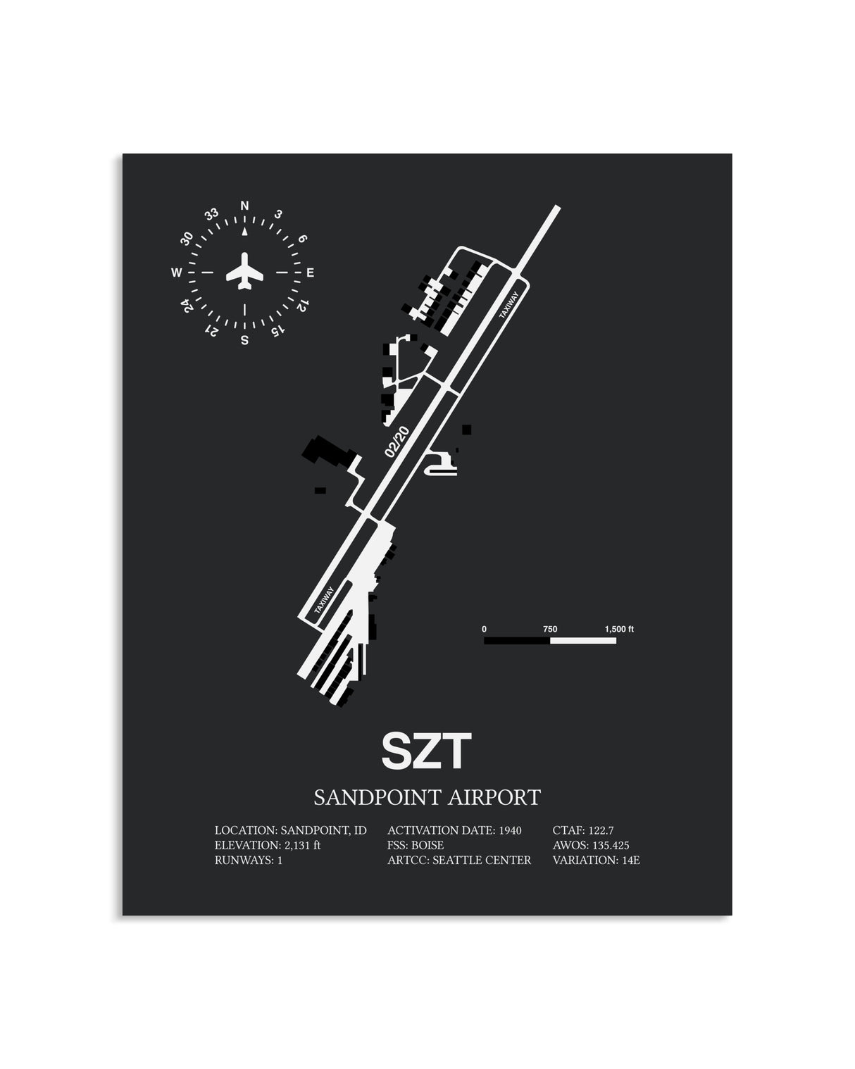 Gray Framed Sandpoint Airport layout wall art poster