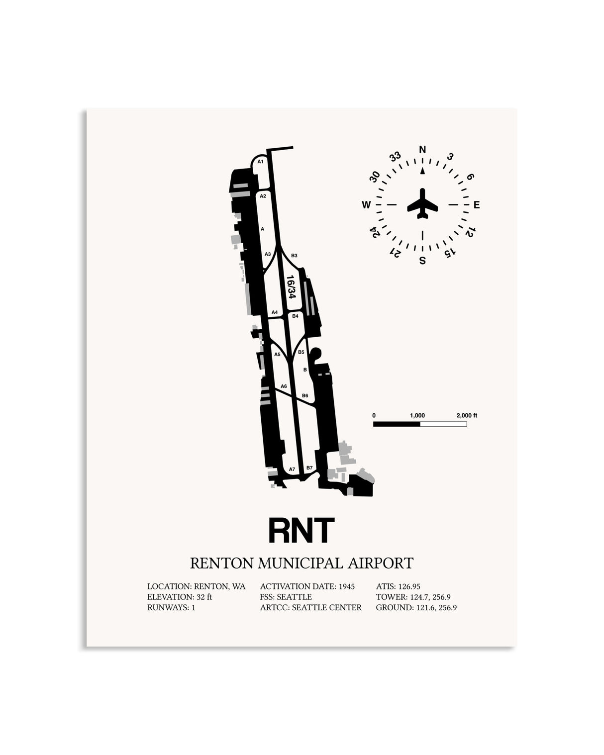 Gray Renton Municipal Airport framed poster displayed in an airplane hangar