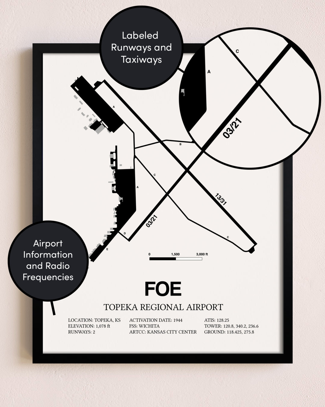 Framed Topeka Regional Airport layout wall art poster