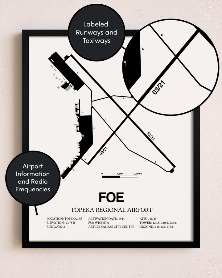 Framed Topeka Regional Airport layout wall art poster