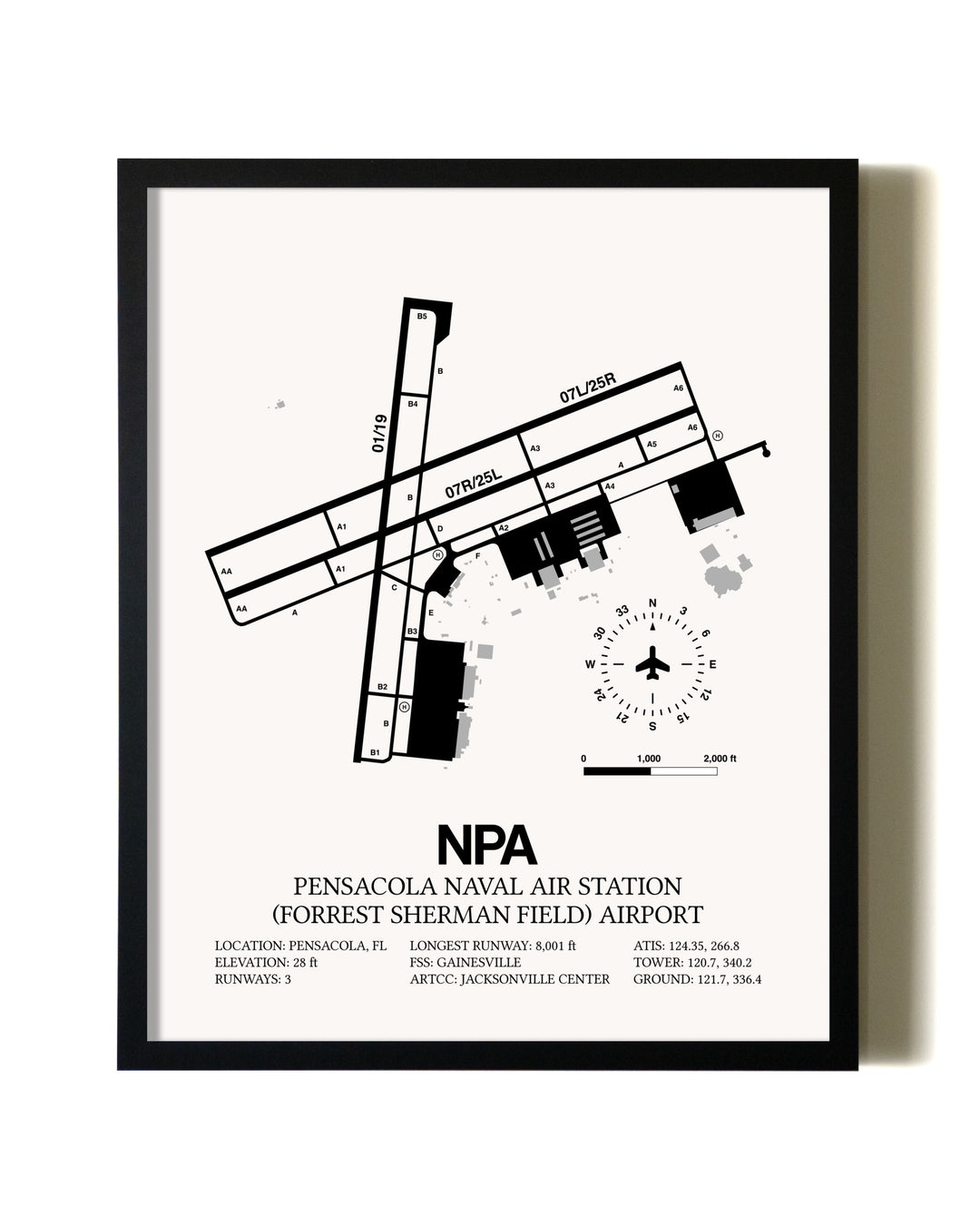 Framed Pensacola Naval Air Station (Forrest Sherman Field) Airport wall art poster in black frame