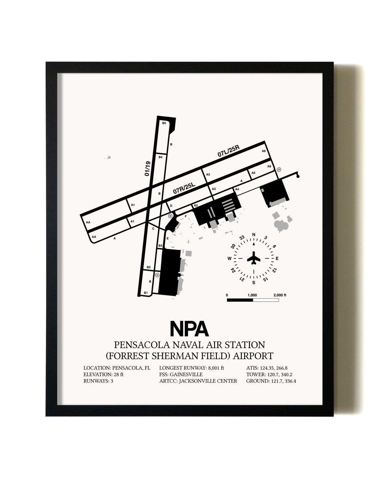 Framed Pensacola Naval Air Station (Forrest Sherman Field) Airport wall art poster in black frame