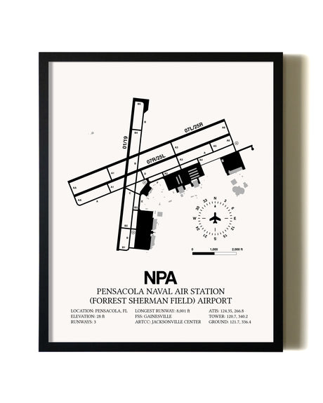 Framed Pensacola Naval Air Station (Forrest Sherman Field) Airport wall art poster in black frame