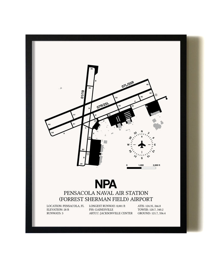 Framed Pensacola Naval Air Station (Forrest Sherman Field) Airport wall art poster in black frame