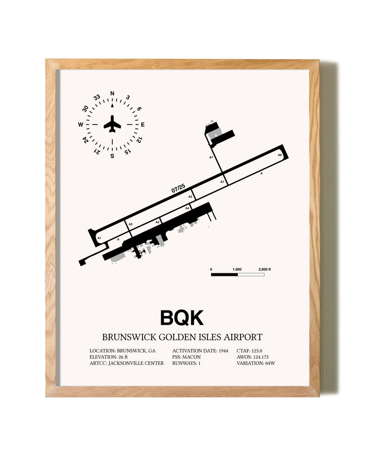 Brunswick Golden Isles Airport framed print in natural wood frame