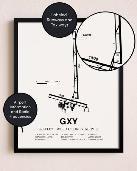 Framed Greeley-Weld County Airport layout wall art poster