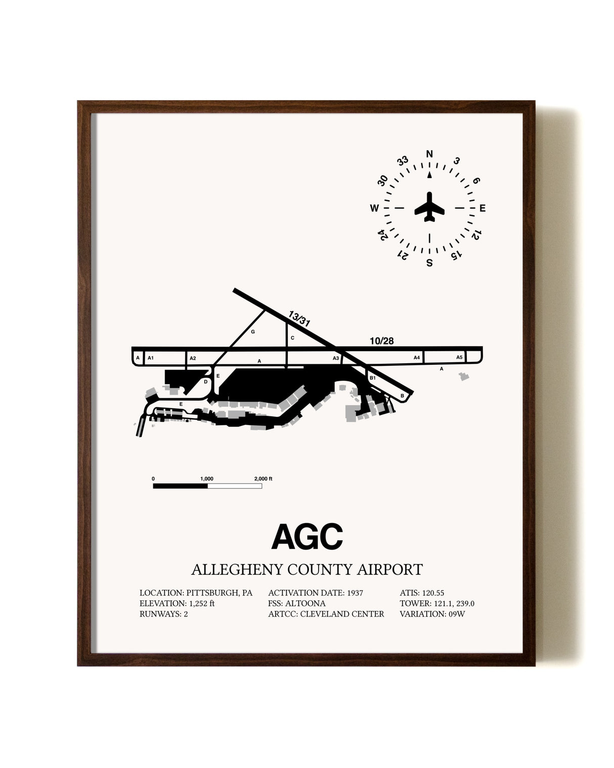 Allegheny County Airport aviation print in walnut frame