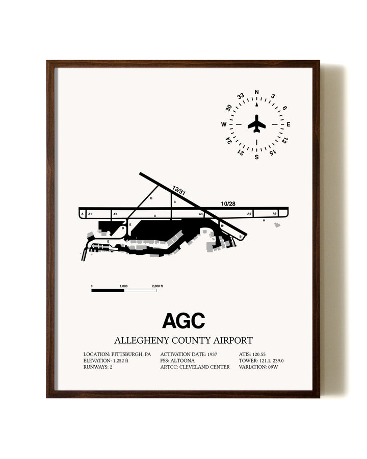 Allegheny County Airport aviation print in walnut frame