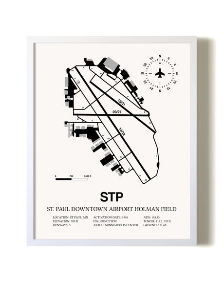 St. Paul Downtown Airport Holman Field airport map poster in oak frame