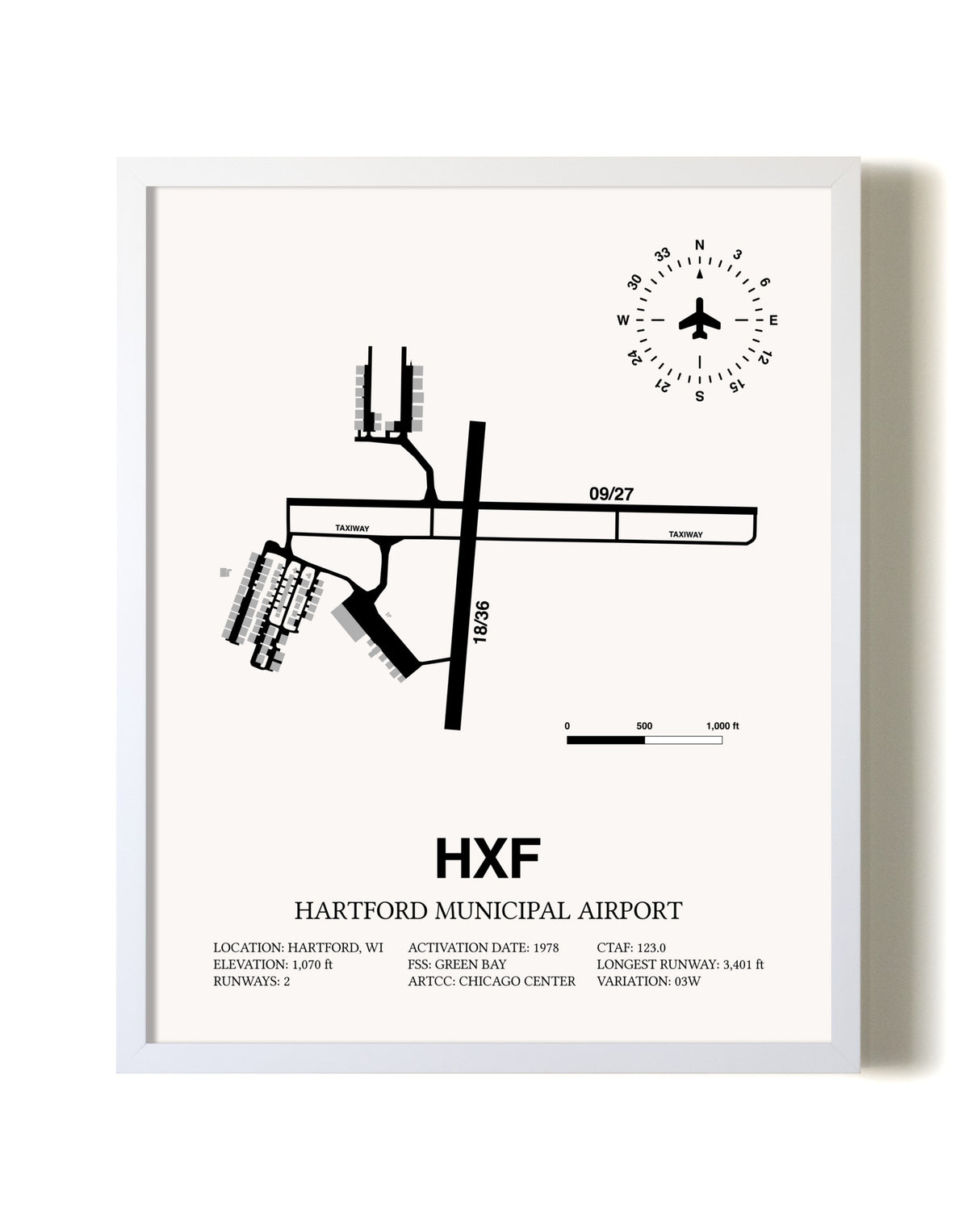 Hartford Municipal Airport airport map poster in oak frame