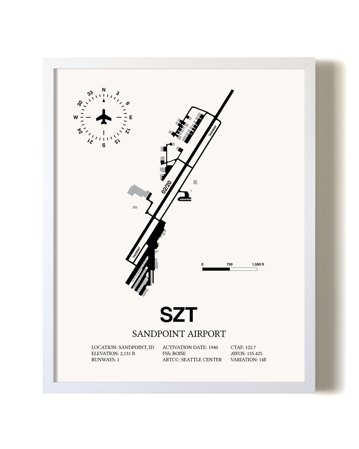 Sandpoint Airport airport map poster in oak frame