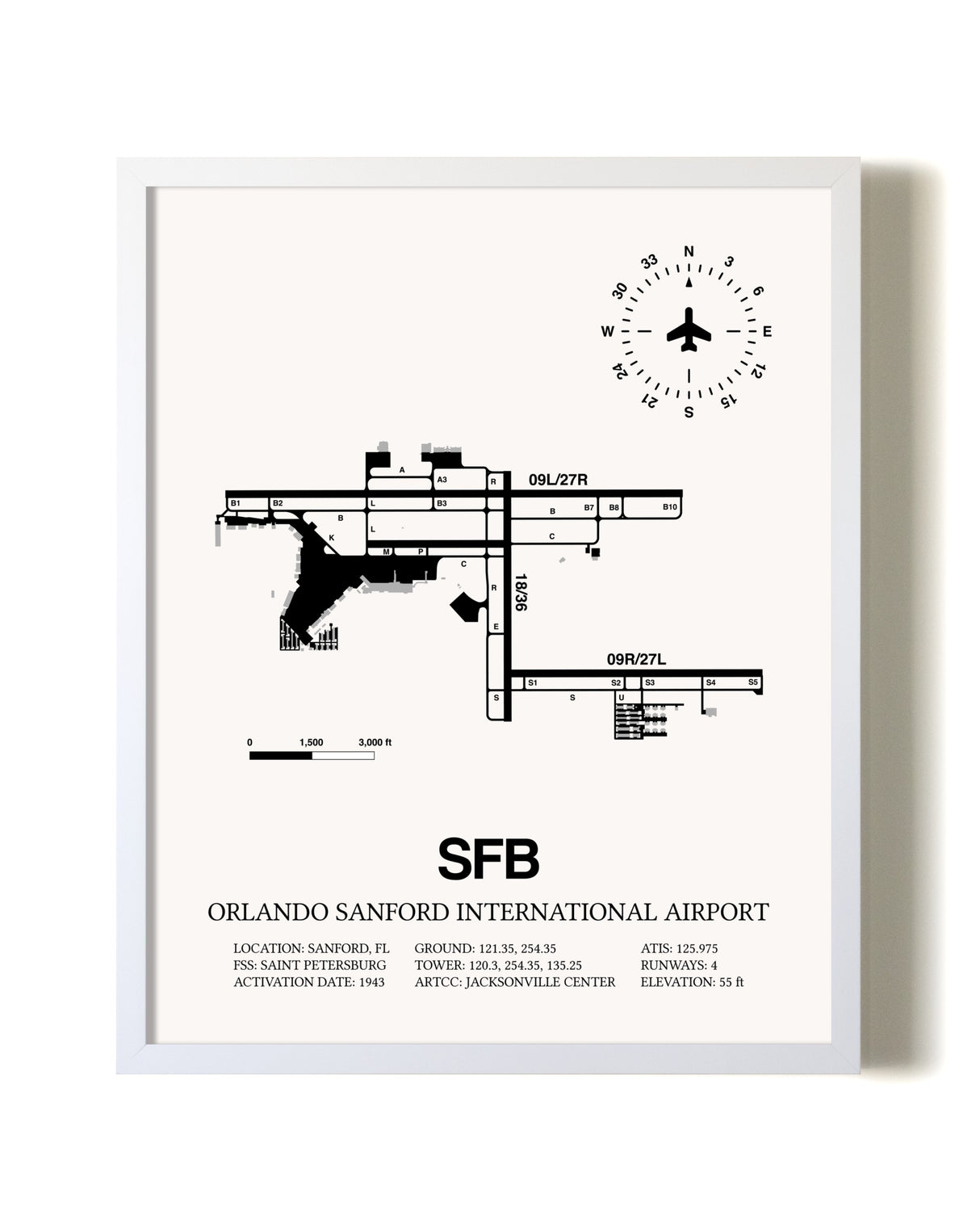 Orlando Sanford International Airport airport map poster in oak frame