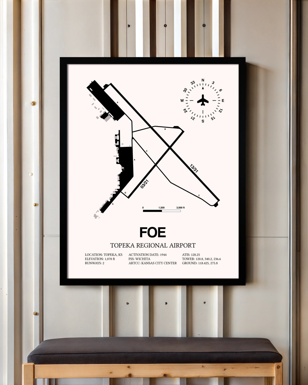 Topeka Regional Airport framed poster displayed in an airplane hangar