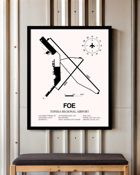 Topeka Regional Airport framed poster displayed in an airplane hangar