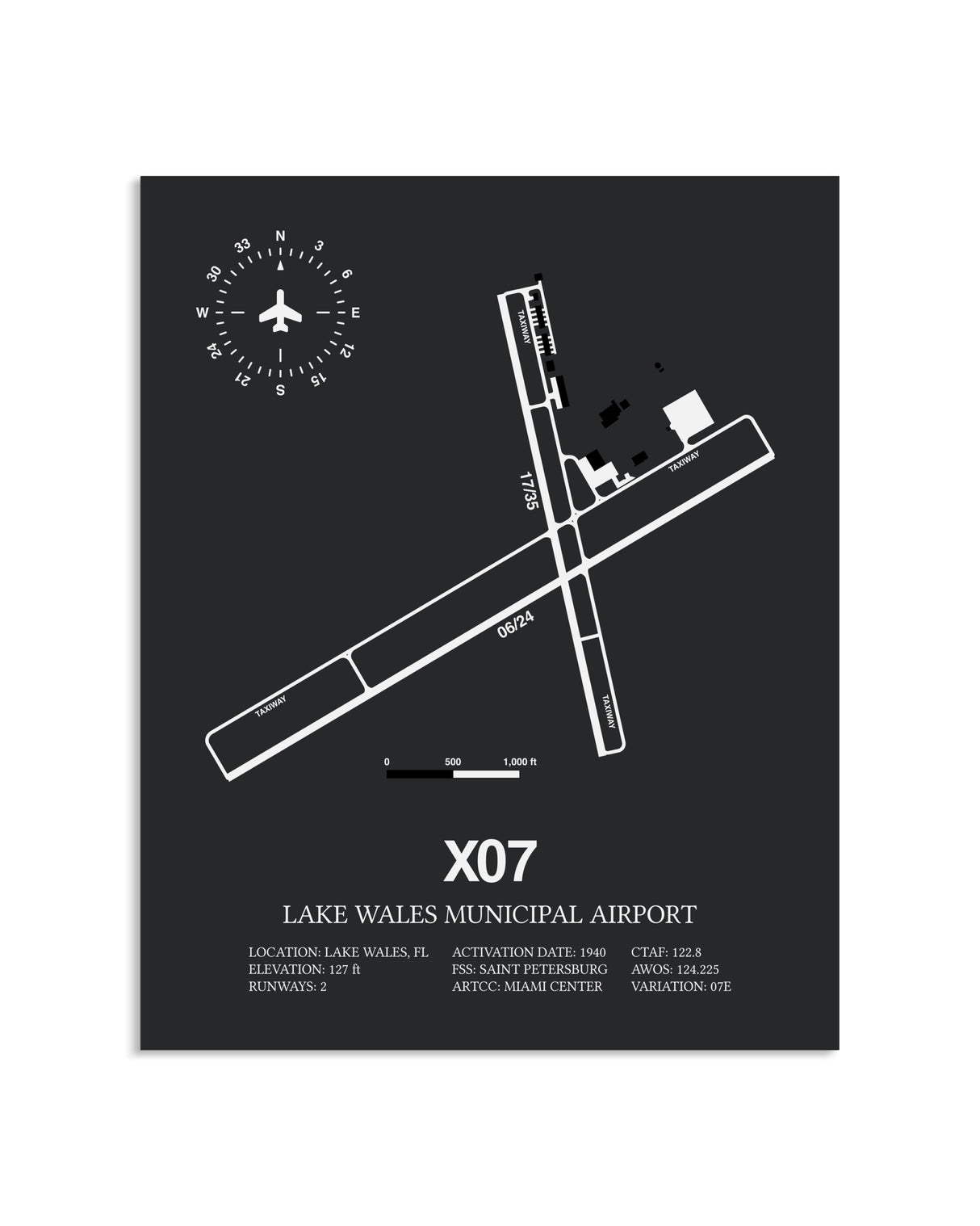 Gray Framed Lake Wales Municipal Airport layout wall art poster