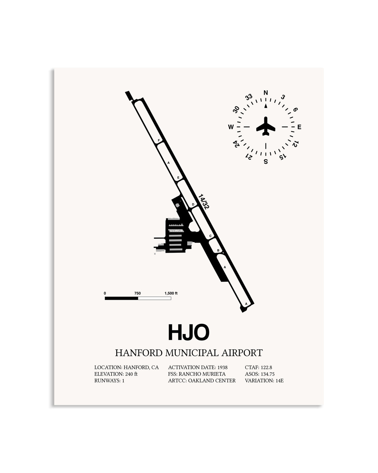 Gray Hanford Municipal Airport framed poster displayed in an airplane hangar