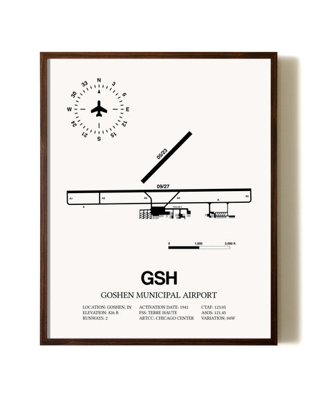 Goshen Municipal Airport aviation print in walnut frame