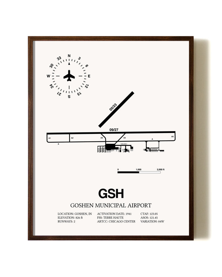 Goshen Municipal Airport aviation print in walnut frame