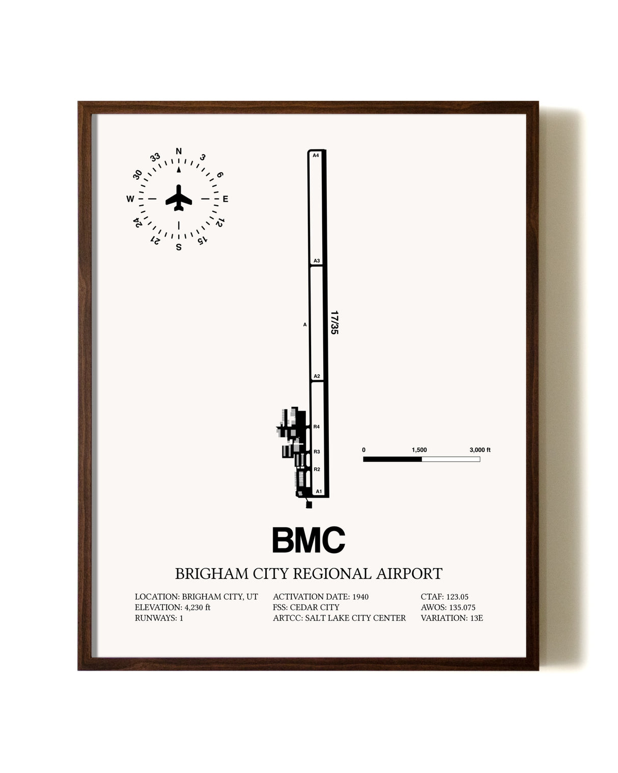 Brigham City Regional Airport aviation print in walnut frame
