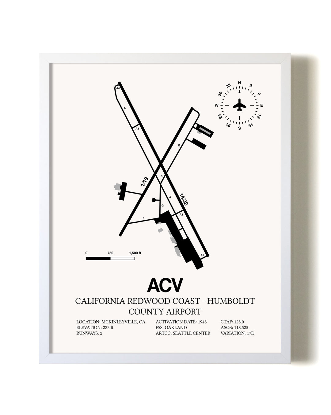 California Redwood Coast - Humboldt County Airport airport map poster in oak frame