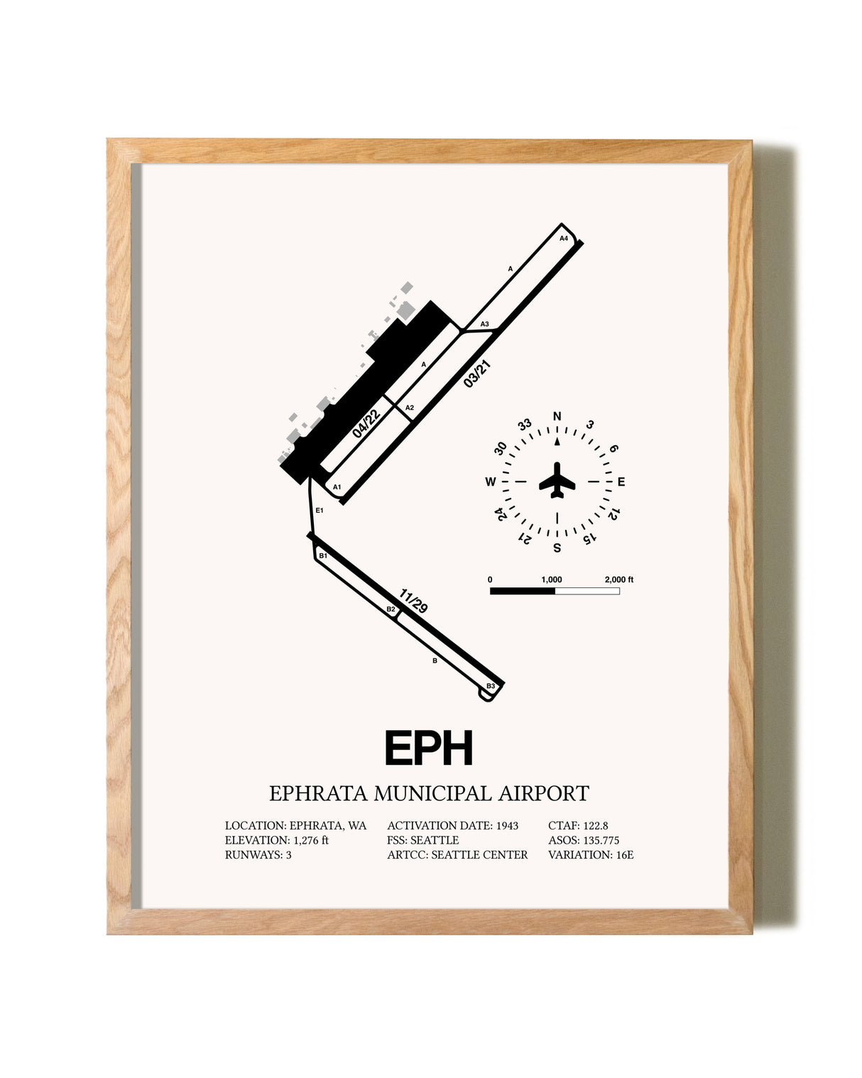 Ephrata Municipal Airport framed print in natural wood frame