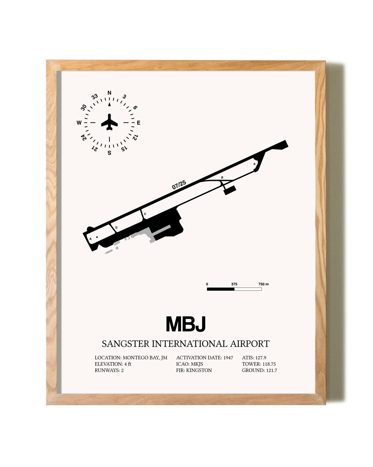 Sangster International Airport framed print in natural wood frame