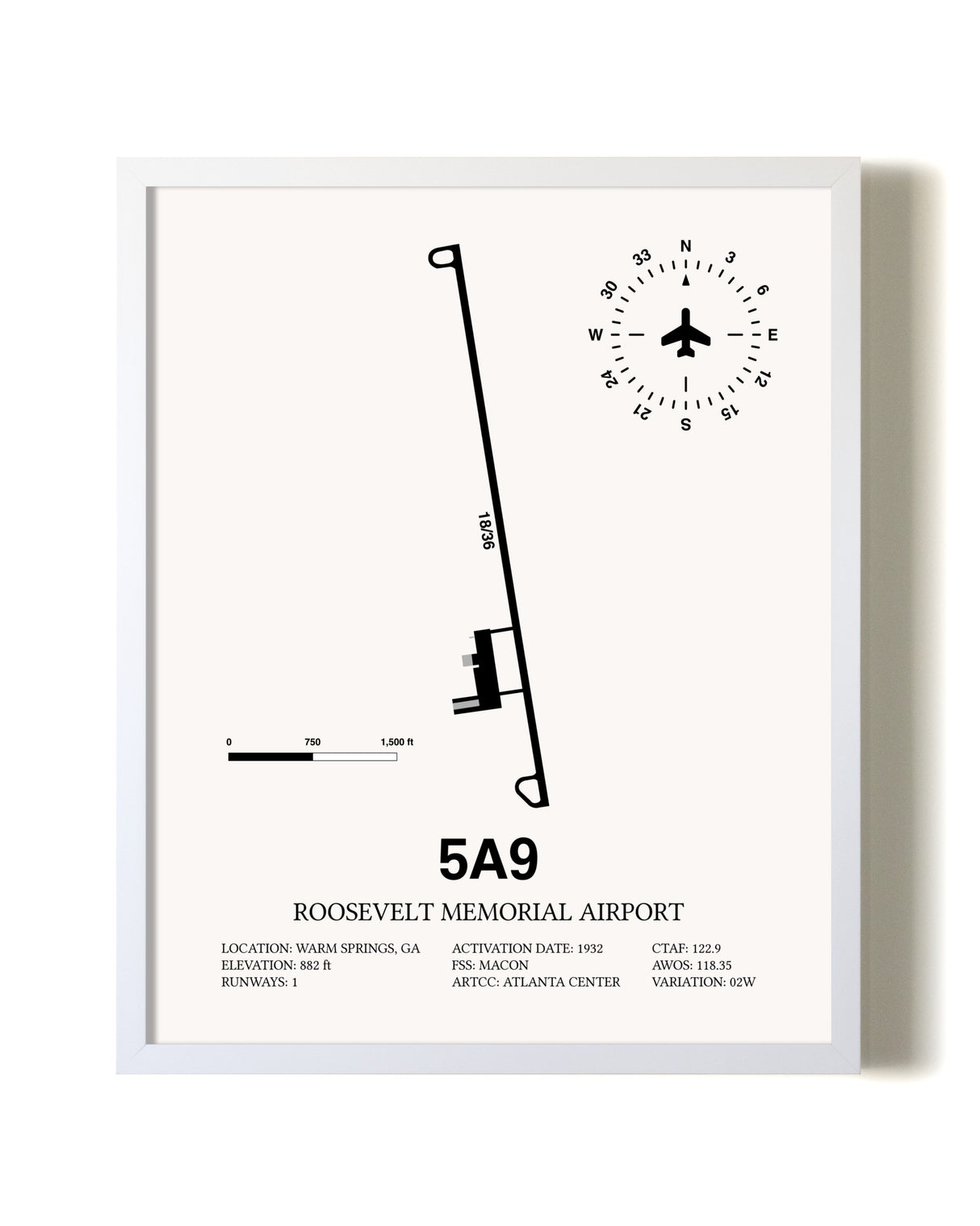 Roosevelt Memorial Airport airport map poster in oak frame