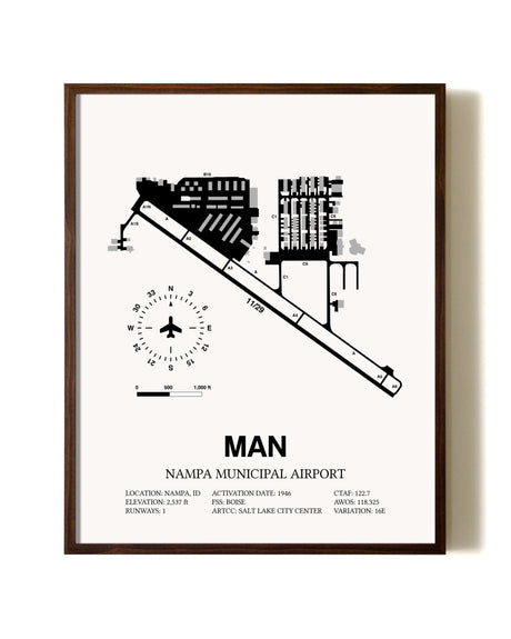 Nampa Municipal Airport aviation print in walnut frame
