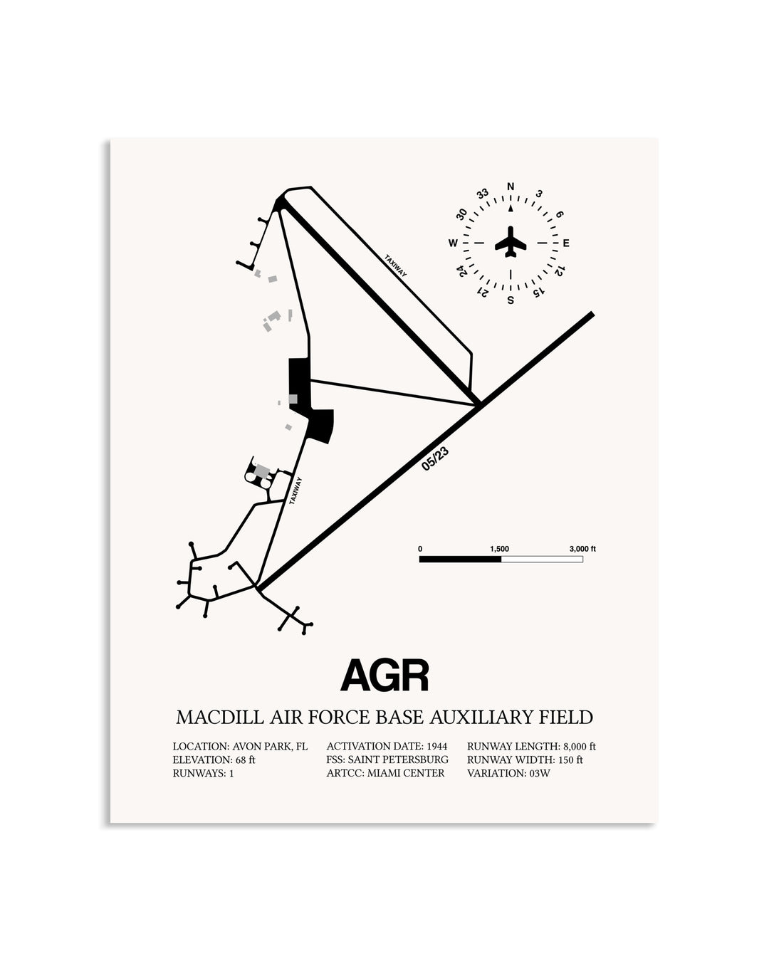 Gray MacDill Air Force Base Auxiliary Field framed poster displayed in an airplane hangar