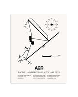 Gray MacDill Air Force Base Auxiliary Field framed poster displayed in an airplane hangar