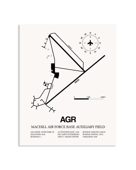 Gray MacDill Air Force Base Auxiliary Field framed poster displayed in an airplane hangar