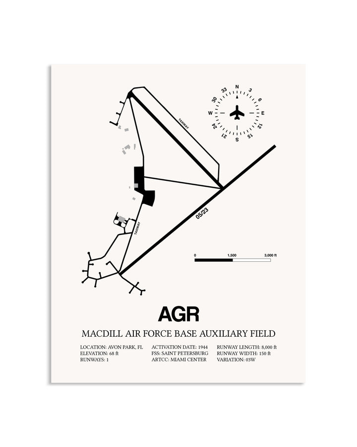 Gray MacDill Air Force Base Auxiliary Field framed poster displayed in an airplane hangar