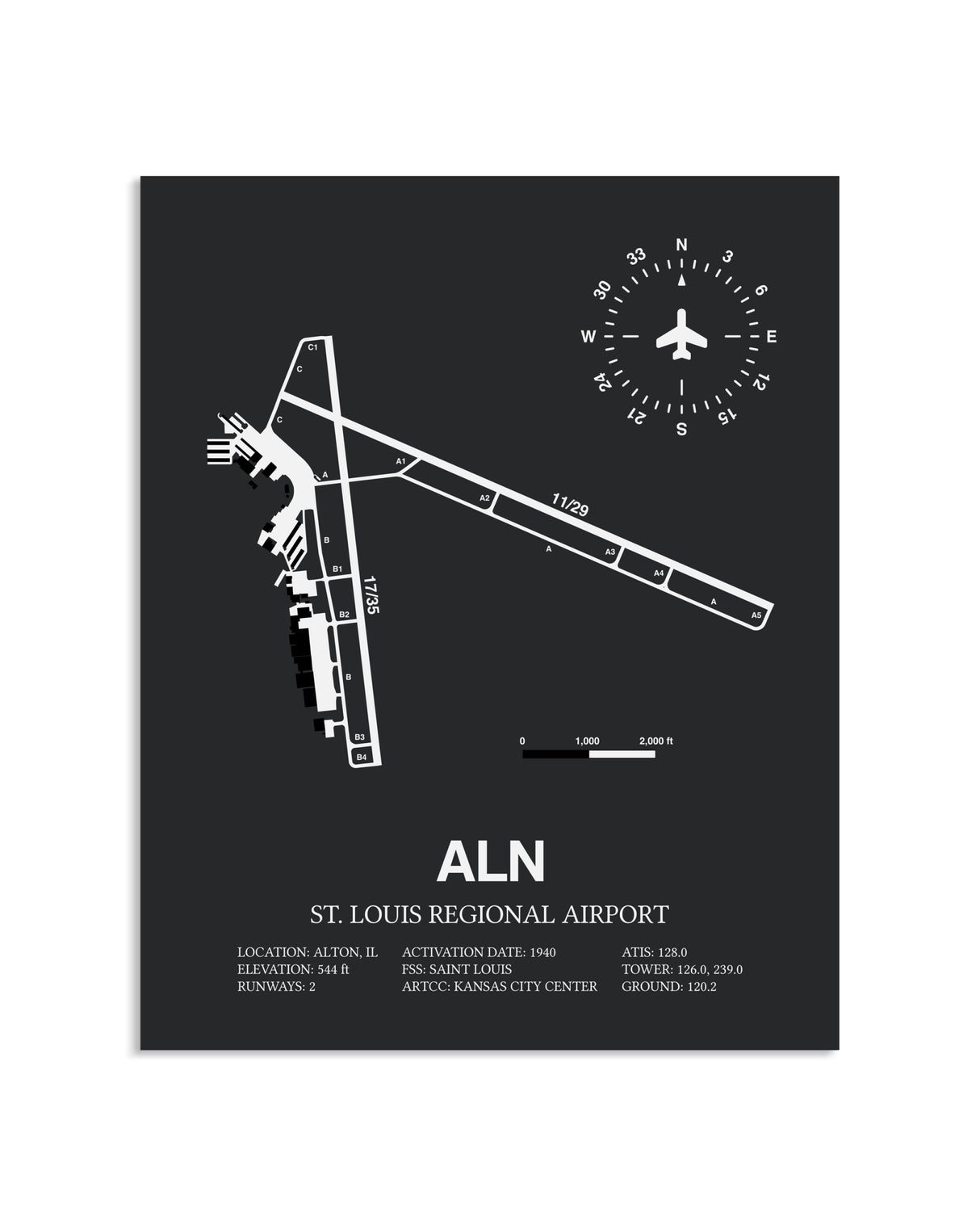 Gray Framed St. Louis Regional Airport layout wall art poster