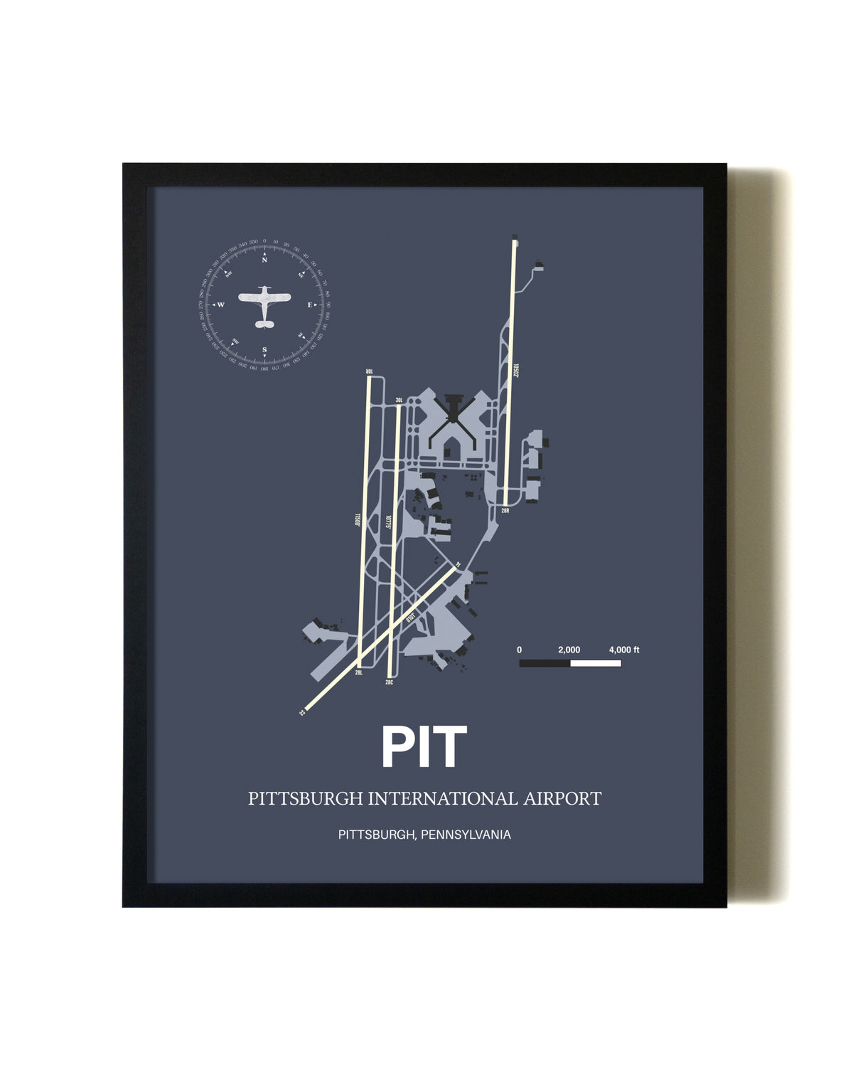 Blue and Cream Framed Pittsburgh International Airport layout wall art poster