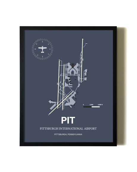 Blue and Cream Framed Pittsburgh International Airport layout wall art poster