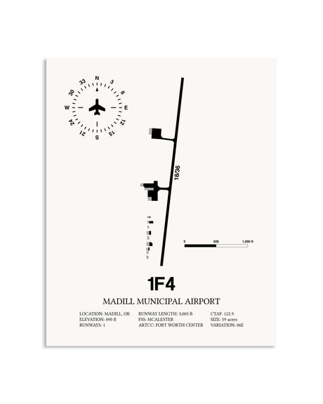 Gray Madill Municipal Airport framed poster displayed in an airplane hangar